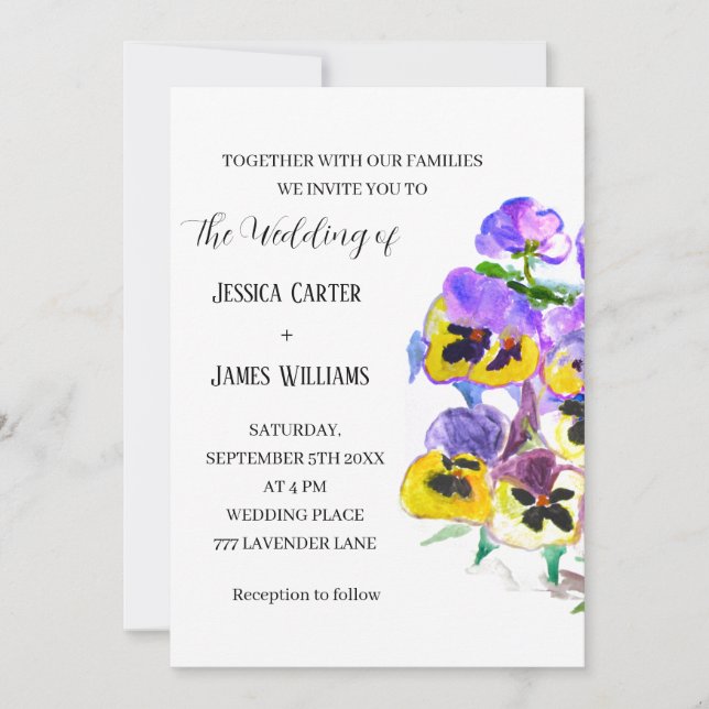 Pansies Pansy Floral Watercolor Wedding Invitation (Front)