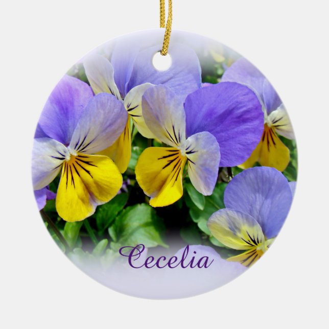 Pansies - Purple and Yellow Ceramic Tree Decoration (Front)