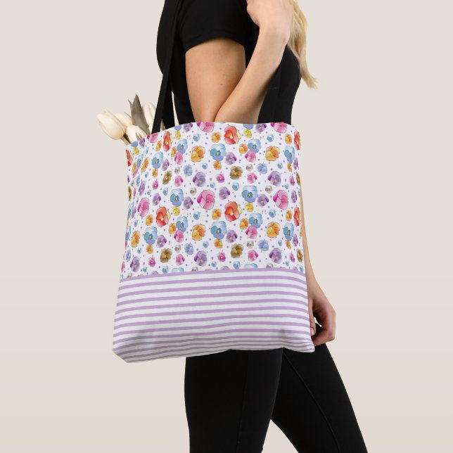 Pansies Watercolor Floral Pattern Illustration Tote Bag (Close Up)