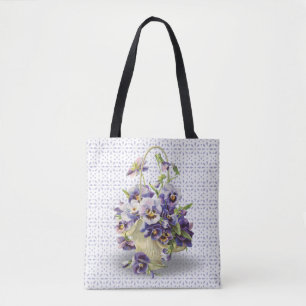 pansy basket bouquet on eyelet lace tote bag