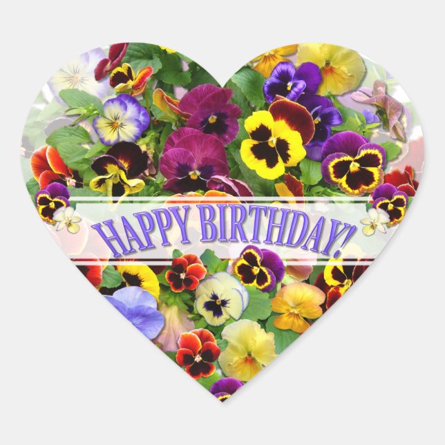 PANSY BEAUTY BIRTHDAY GREETING HEART STICKER (Front)