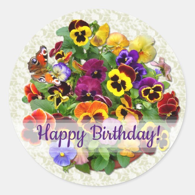 Pansy Beauty Happy Birthday Custom Text Classic Round Sticker (Front)