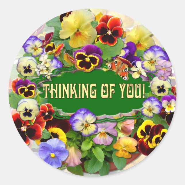 Pansy Beauty Thinking of  You Greeting Classic Round Sticker (Front)