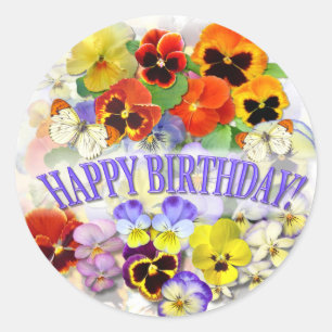 Pansy Beauty with buttterfly Birthday Greeting Classic Round Sticker