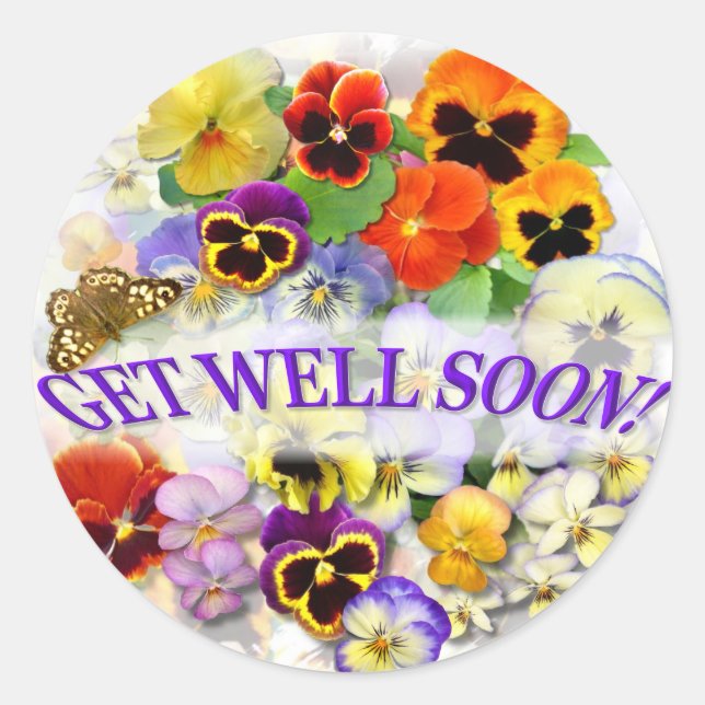 Pansy Beauty with buttterfly Get Well Classic Round Sticker (Front)
