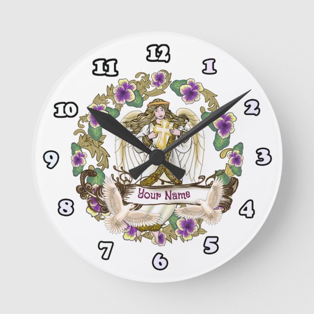 Pansy Cross Angel  Round Clock (Front)
