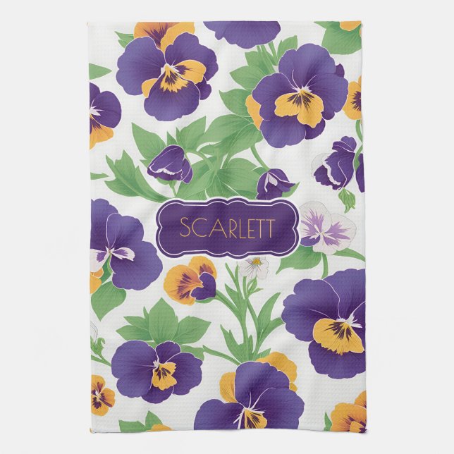 Pansy Floral Colourful Personalised Pattern Tea Towel (Vertical)