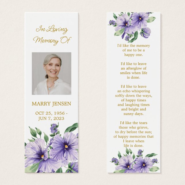 Pansy Floral Photo Funeral Memorial Bookmark (Front & Back)