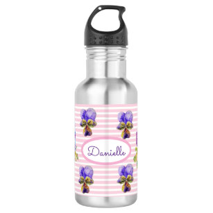 Pansy Floral Viola Vintage Womans Pink Stripe 532 Ml Water Bottle