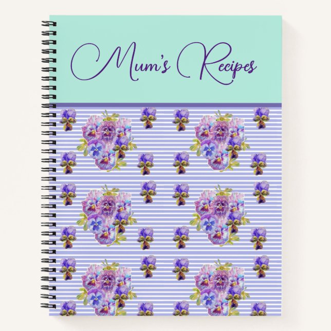 Pansy Flower Aqua floral Mom Recipe Mothers Day Notebook (Front)