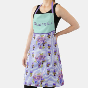 Pansy Flower Aqua Stripe art floral Girls Name Apron