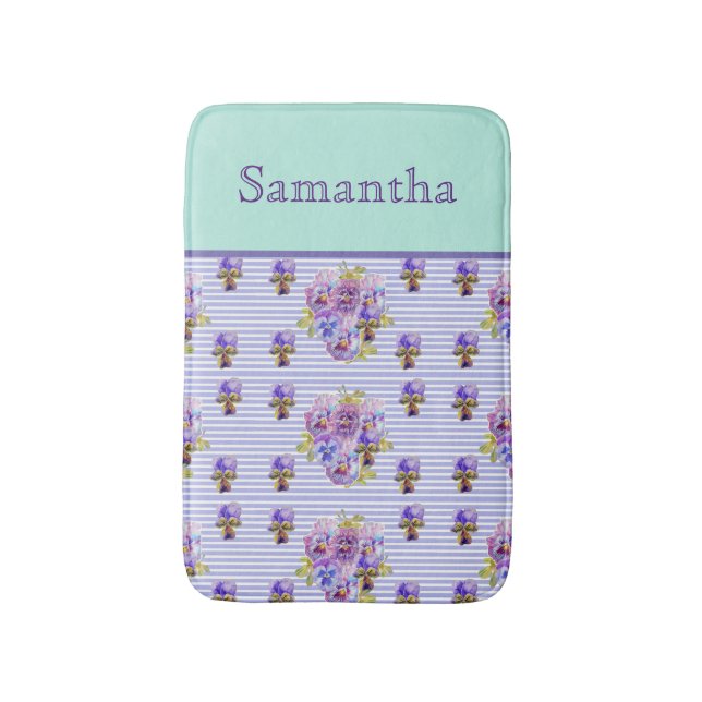 Pansy Flower Aqua Stripe art floral Girls Name Bath Mat (Front Vertical)