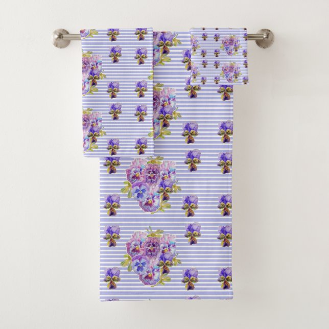 Pansy Flower Aqua Stripe art floral Girls Name  Bath Towel Set (Insitu)