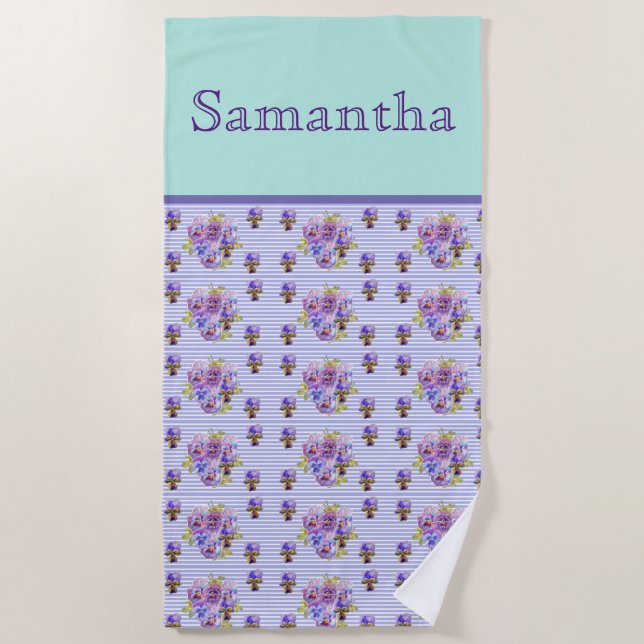 Pansy Flower Aqua Stripe art floral Girls Name Beach Towel (Front)