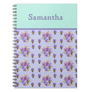 Pansy Flower Aqua Stripe art floral Girls Name  Notebook