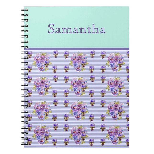 Pansy Flower Aqua Stripe art floral Girls Name  Notebook (Front)