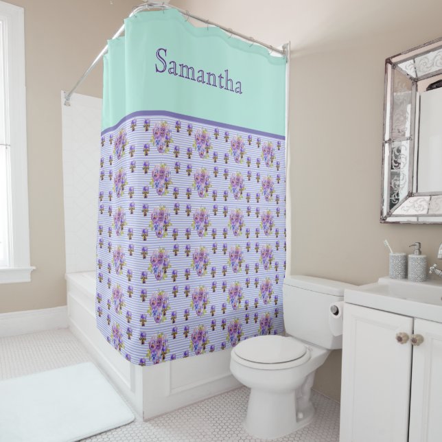 Pansy Flower Aqua Stripe art floral Girls Name Sho Shower Curtain (In Situ)