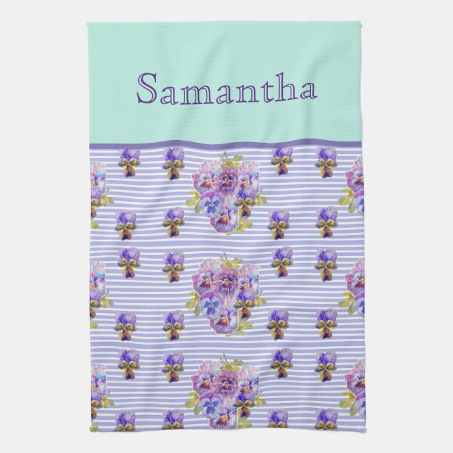 Pansy Flower Aqua Stripe art floral Girls Name Tea Towel (Vertical)