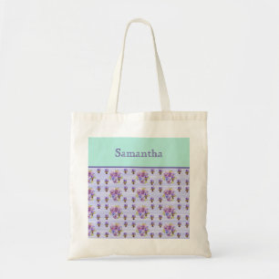 Pansy Flower Aqua Stripe art floral Girls Name Tote Bag