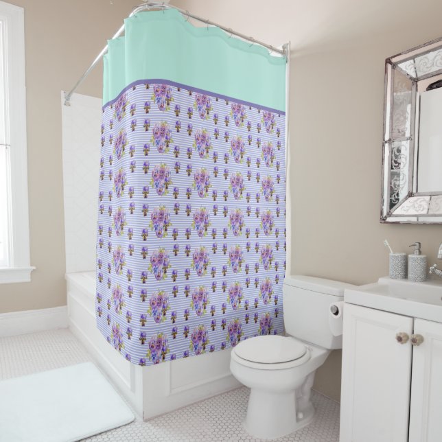 Pansy Flower Aqua Stripe art floral Girls Womens Shower Curtain (In Situ)