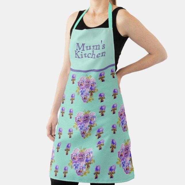 Pansy Flower Aqua Stripe art floral Kitchen Apron (Insitu)