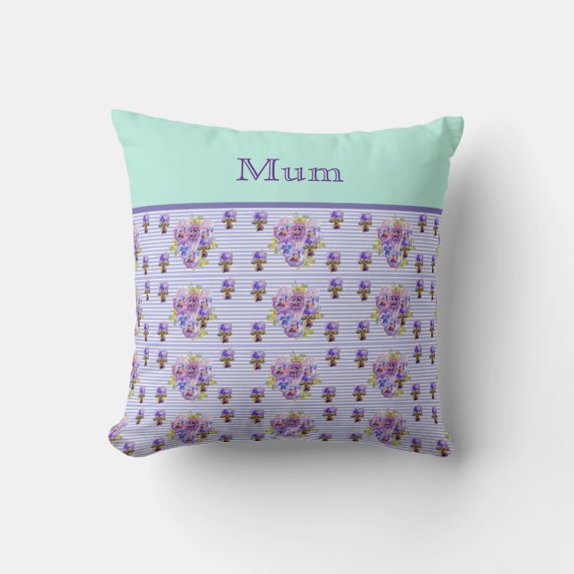 Pansy Flower Aqua Stripe art floral Mothers Name  Cushion (Front)