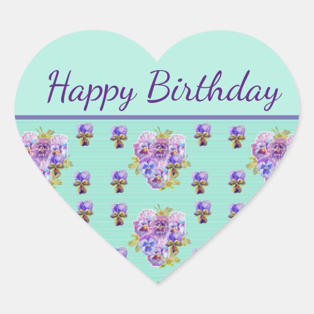 Pansy Flower Aqua Stripe floral Mom Happy Birthday Heart Sticker (Front)