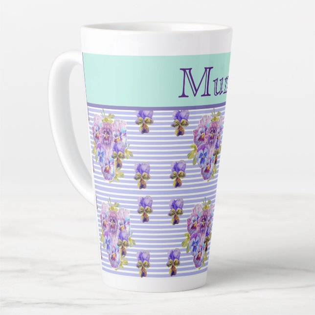 Pansy Flower Aqua Stripe floral Mom Mothers Day Co Latte Mug (Left Angle)