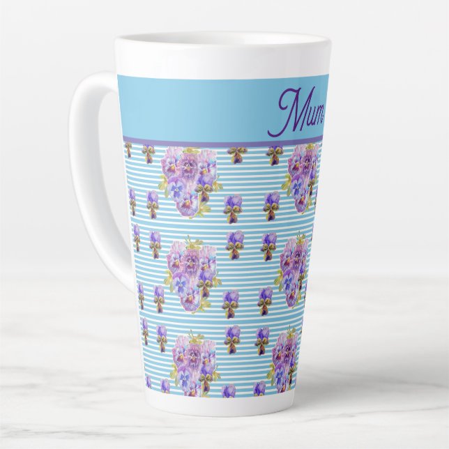 Pansy Flower Aqua Stripe floral Mom Mothers Day Latte Mug (Left Angle)