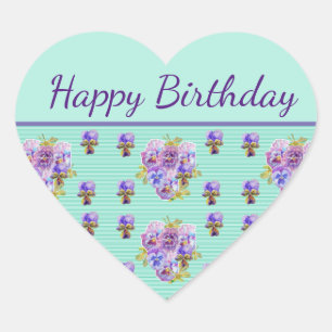 Pansy Flower Aqua Stripe floral Mum Happy Birthday Heart Sticker