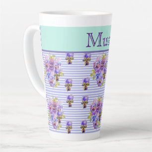 Pansy Flower Aqua Stripe floral Mum Mothers Day Co Latte Mug