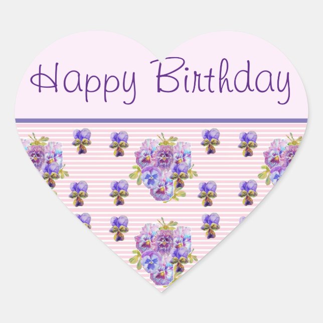 Pansy Flower Pink Stripe floral Happy Birthday Heart Sticker (Front)