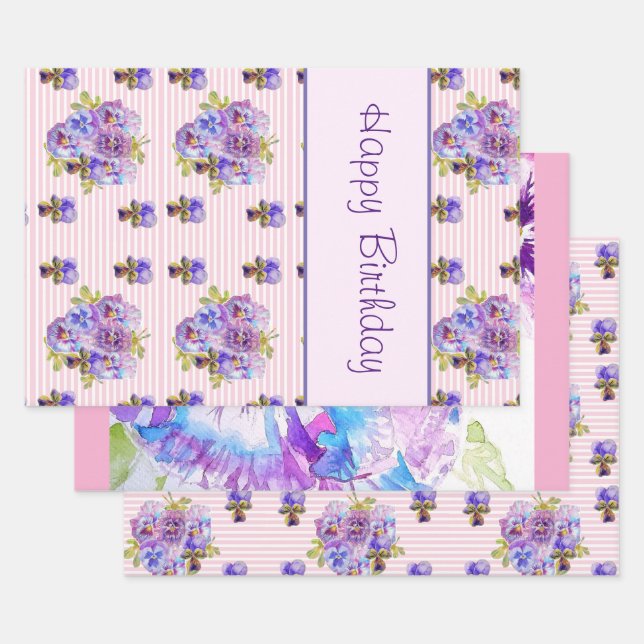 Pansy Flower Pink Stripe floral Happy Birthday Wrapping Paper Sheet (Set)