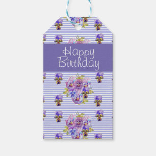 Pansy Flower Purple Stripe floral Happy Birthday Gift Tags