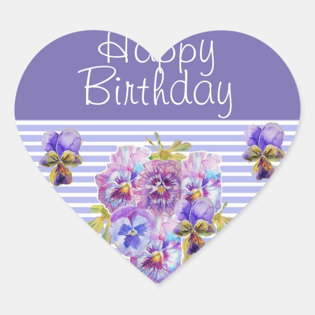 Pansy Flower Purple Stripe floral Happy Birthday  Heart Sticker (Front)