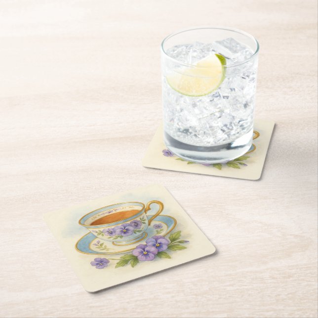 Pansy Flowers Cup & Saucer Tea Time Square Paper Coaster (Insitu)