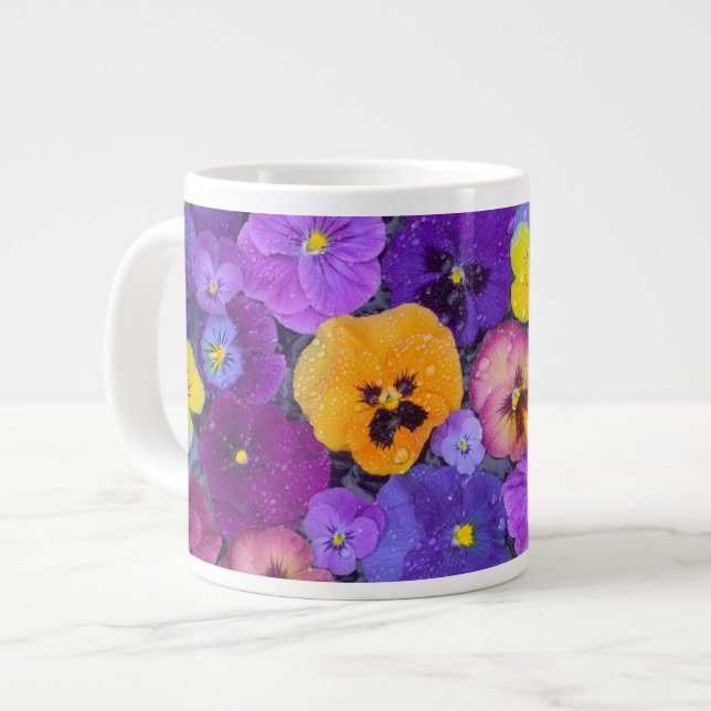 Pansy flowers floating in bird bath with dew large coffee mug (Front Left)