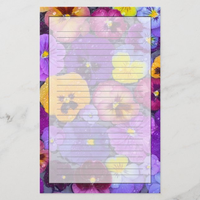 Pansy flowers floating in bird bath with dew stationery (Front)