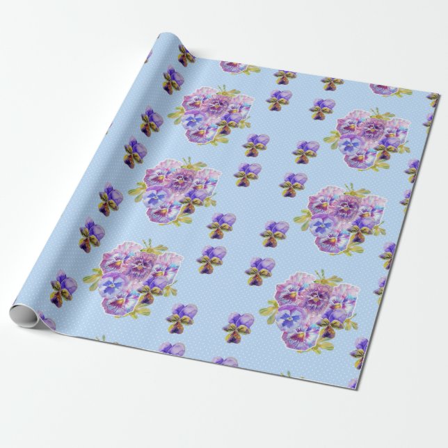 Pansy flowers floral Shabby Chic Blue Wrapping Paper (Unrolled)