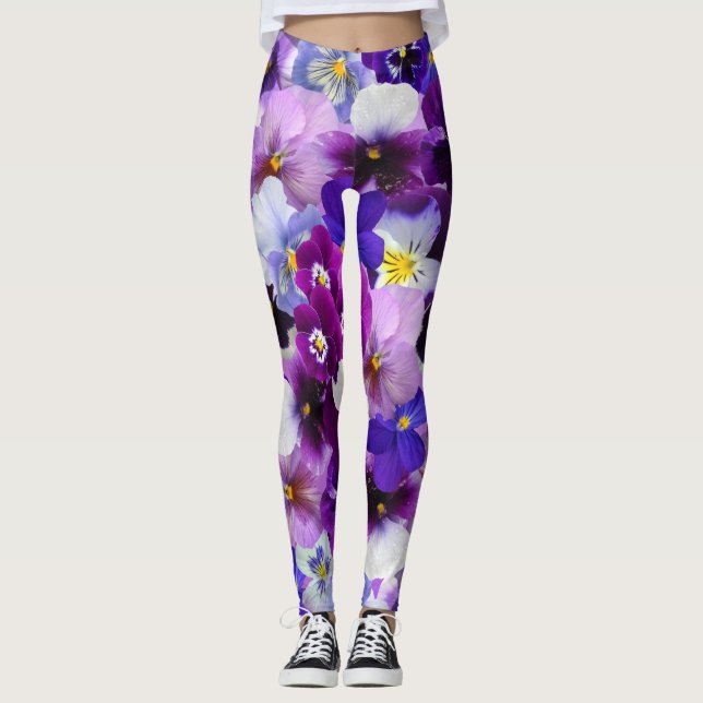 Pansy Flowers Purple Violet and Blue Leggings (Front)