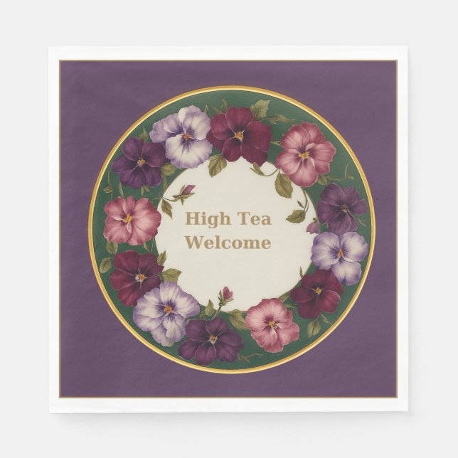 Pansy High Tea Napkins • Deep Plum & Gold (Front)