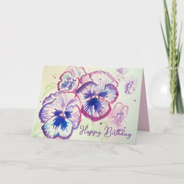 Pansy Panies Purple Flowers Floral Watercolor Card (Front)