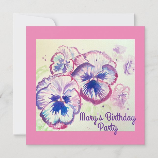 Pansy Pansies Purple Flower Floral Pink Birthday Invitation (Front)