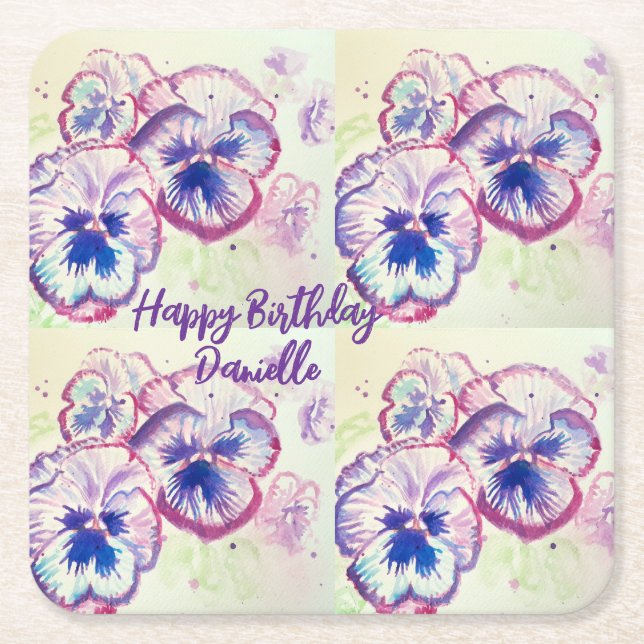 Pansy Pansies Purple Flower Floral Pink Square Paper Coaster (Front)