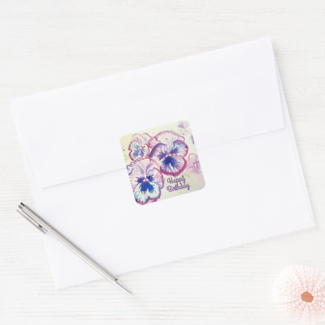 Pansy Pansies Purple Flower Floral Pink Square Sticker (Envelope)