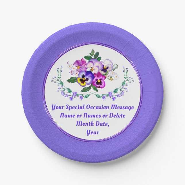 Pansy Paper Plates. Birthday, Wedding, Anniversary Paper Plate (Front)