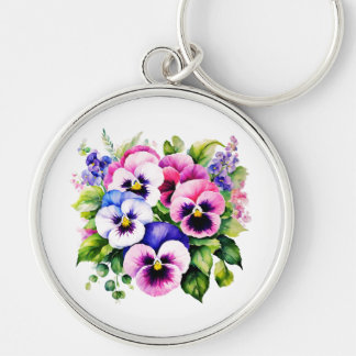 Pansy Perfection: Waterproof Silver Keychain 