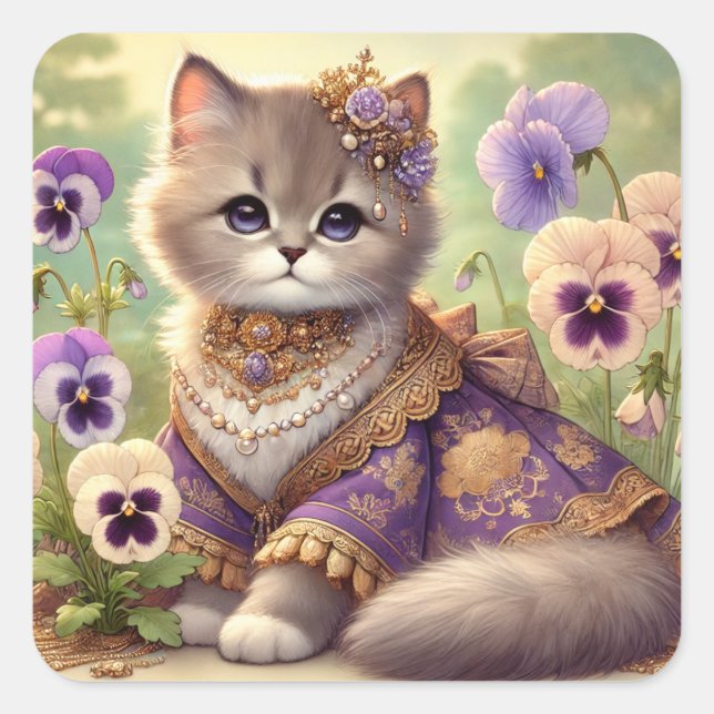 Pansy Princess Cat Square Sticker (Front)