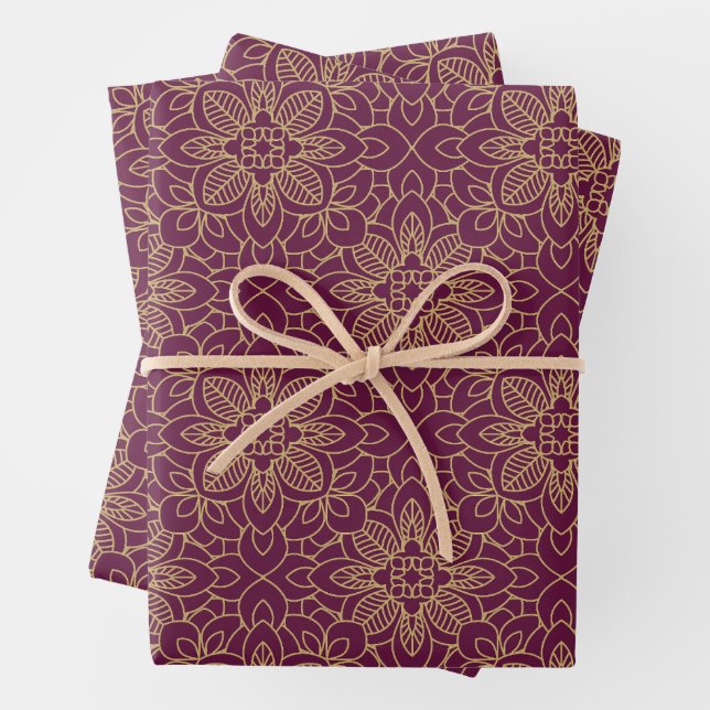 Pansy Purple Arabesque Islamic geometric patterns Wrapping Paper Sheet (In situ)