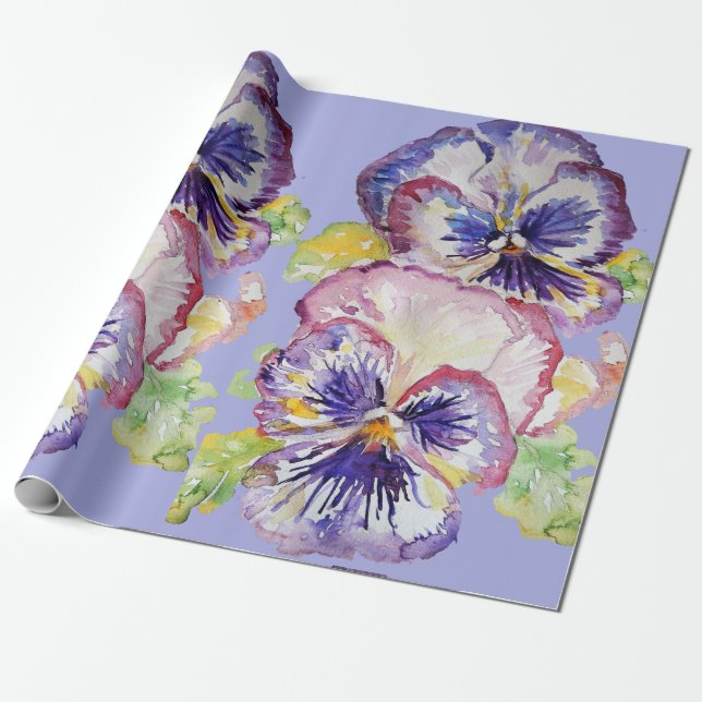 Pansy Purple Spring flowers floral Watercolor Wrapping Paper (Unrolled)